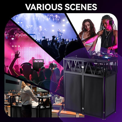 Portable DJ Booth Table,Foldable DJ Table Stand Portable with White & Black Scrim,Adjustable DJ Facade Table Station Metal Frame DJ Table with Cable Hole for Private Events, Clubs, Bars (Upgrade)