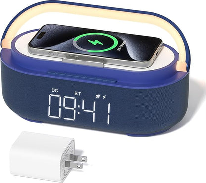 COLSUR 6-in-1 Bluetooth Speaker Alarm Clock with 15W Wireless Charger, FM Radio, Adjustable LED Night Light, 2500mAh Battery, Snooze Function – for Bedroom, Home, Office