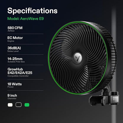 VIVOSUN AeroWave E9 Grow Tent Fan 9”, EC Motor, WiFi-Controllable, US Patented Auto Oscillating Clip fan, IP54 Weatherproof, Strong Airflow & Quiet for Hydroponic Ventilation Circulation, Black