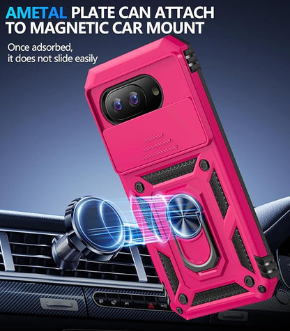 Taisairu for Google Pixel 9A Case with Screen Protector & Slide Camera Lens Cover,Built-in 360°Rotate Magnetic Ring Stand Shockproof Protective Phone Case for Google Pixel 9A Case(Hot Pink)