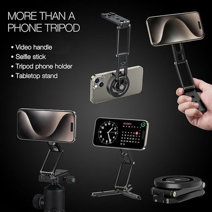 Magnetic Pocket Phone Tripod Foldable Compatible with Magsafe for iPhone 15/14/13/12 Plus Pro Max Series, Mini Cell Phone Tripod Mount Handle Smartphone Desk Stand Travel All in One