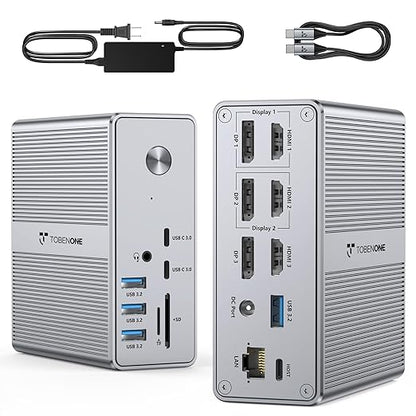 TobenONE DisplayLink Docking Station Triple Monitor with 120W Power Adapter, Triple 4K Display for MacBook Pro/Air, Thunderbolt 4/3, USB-C Windows(3X HDMI, 3X DP, 2xUSB-C, 4xUSB 3.2, SD/TF)