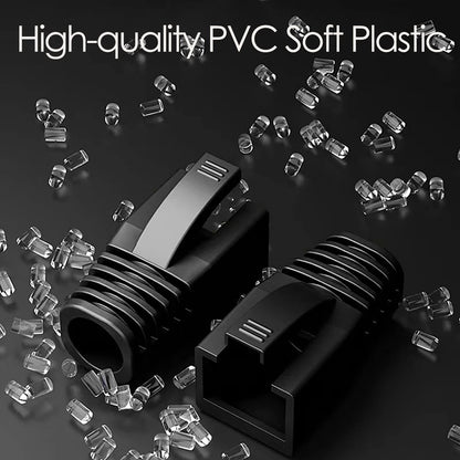 JODROAD 100Pack RJ45 Boot Cover, Cat5 Cat6 Cat6A Ethernet Network Cable Strain Relief Boot, Fits Overall Jacket Diameter 5.5-6.5MM Ethernet Cable (Hole Diameter: 6.5mm, Black)