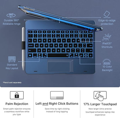 typecase Touch iPad 9th Generation Case with Keyboard (10.2", 2021), Multi-Touch Trackpad, 10 Color Backlight, 360° Rotatable, Thin & Light for 8th Gen (2020), 7th Gen (2019), Air 3 (Midnight Blue)