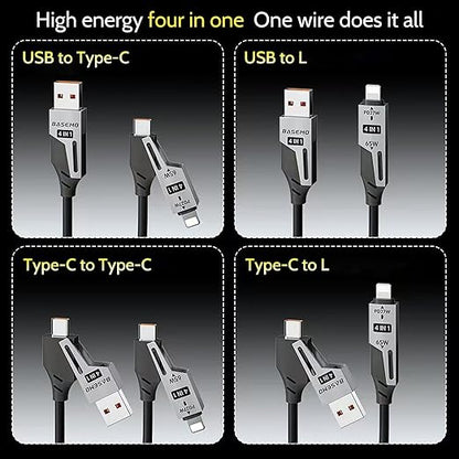 65W 4-in-1 Retractable Fast Charging Cable, 2M/6.5ft Spring Coiled USB-C to L/USB-C/USB-A Multi-Device Cord for iPhone 15/14/13, iPad, Samsung, MacBook, Laptop, Car, Tablet (2)