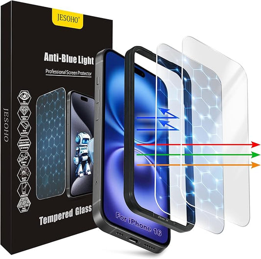 JESOHO Screen Protector for iPhone 16&15 [6.1 Inch],3RD Colorless Anti-Blue Light Tempered Glass Films,HD Clear, 9H Hardness, No Bubbles, Case Friendly 2 Pack
