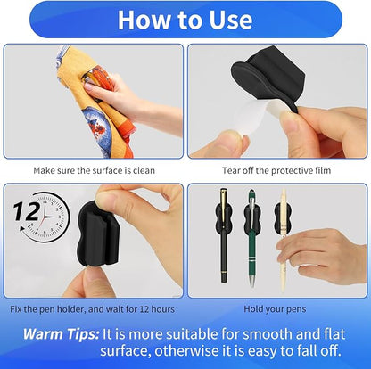 Adhesive Pen Pencil Holder for Desk Wall, 12PCS Marker Holder for Whiteboard Silicone Pen Holder for Clipboard Office Essentials Teacher Supplies (12PCS Black)