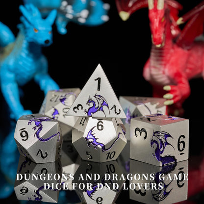 HNCCESG Metal Dice Set,7-Piece Dragon Dice for DND and RPGs,Silver Purple