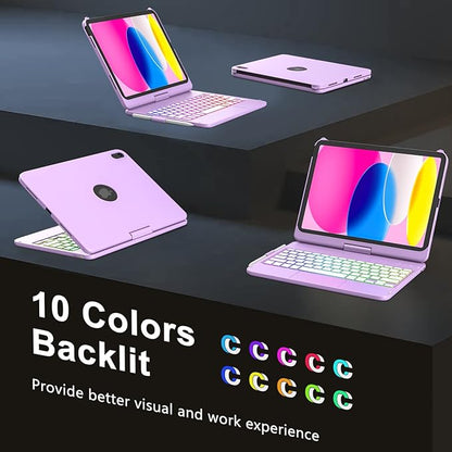 HOTLIFE for iPad A16 11th Generation/10th Generation Case with Keyboard,Touch Keyboard for iPad 11" /10th Gen 10.9 inch 2022-10 Color Backlight, 360° Rotatable Protective Cover (Light Purple)