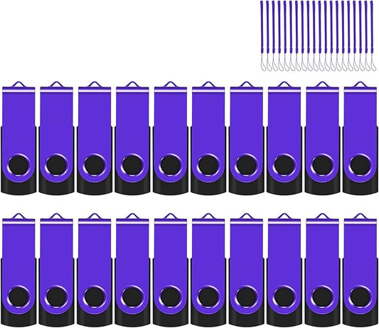 EASTBULLUSB Flash Drive Bulk 1GB 20 Pack with Lanyards USB 2.0 Thumb Drive Bulk Memory Stick Swivel Pen Drive for Storage and Backup 1GB 20 Pack, Purple