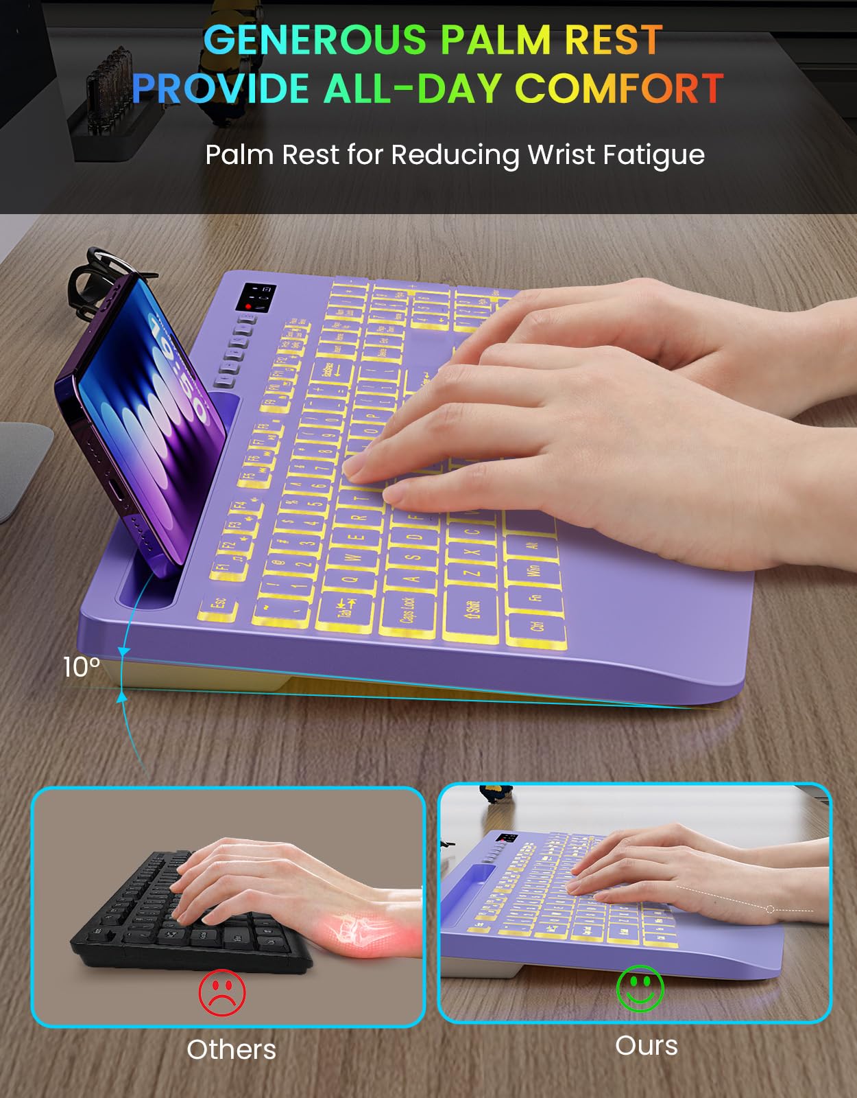 Wireless Keyboard, 7 Colored Backlits, Wrist Rest, Phone Holder-Purple