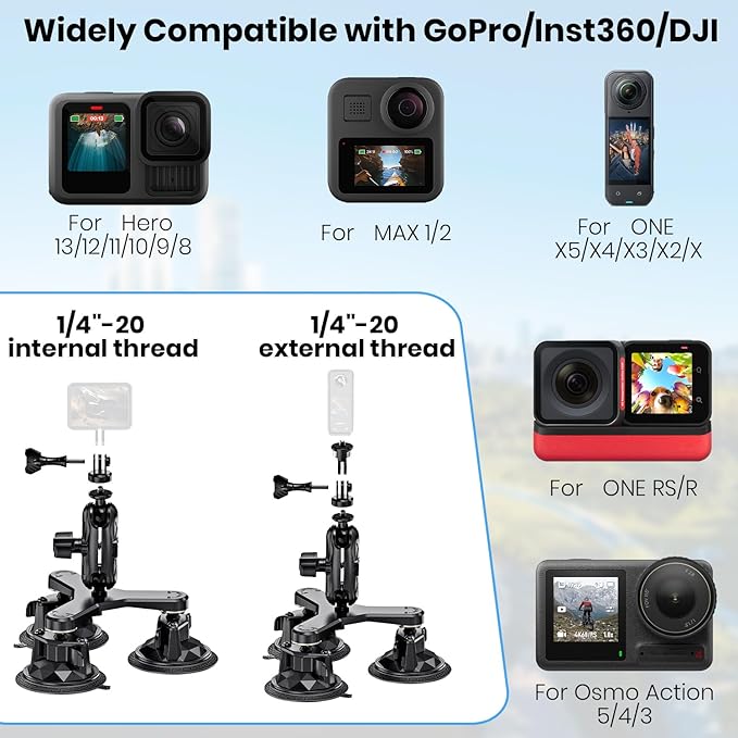 Suction Car Mount for GoPro/Insta360/DJI | Aluminum Alloy Extendable Selfie Stick with Multi-Joint Flexible Arm | Upsized Strong Suction Mount Kit Includes Tripod Adapter