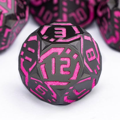Metal DND Sci-fi Dice Set 7PCS Luminous Pink Stripe Polyhedral Dice for Dungeons Dragons RPG Role Playing Game, Glitter D and D Dice with Gift Box D6 D8 D10 D12 D20