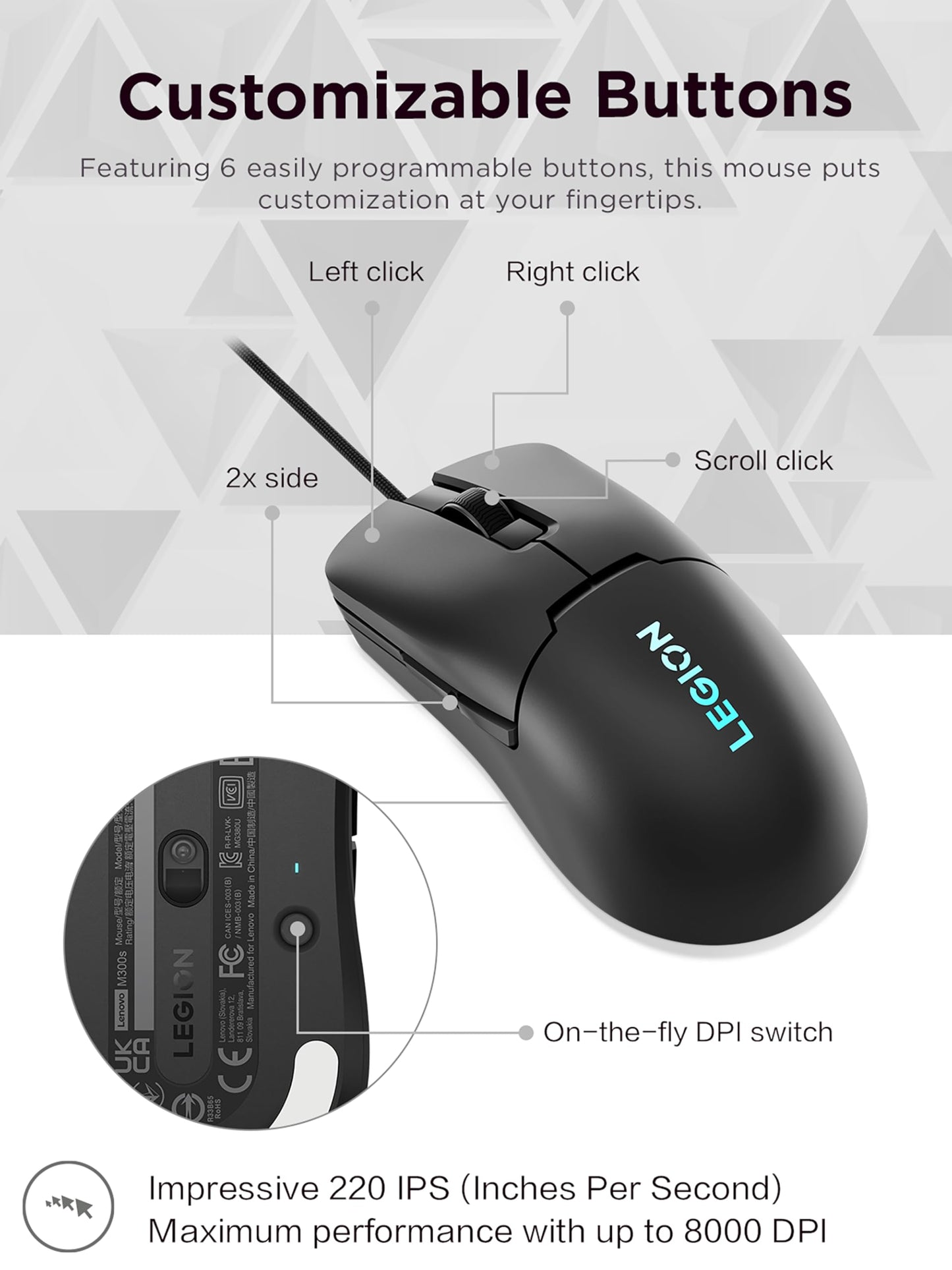 Lenovo Legion M300s RGB Wired Gaming Mouse - 8,000 DPI Adjustable Sensor, 6 Programmable Buttons & 20-Million Clicks Durability with Optimized Comfort (Black)