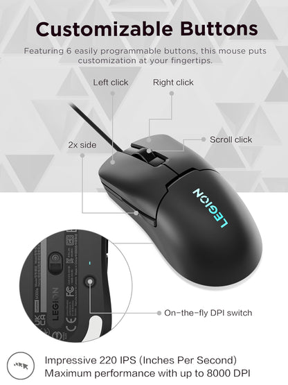 Lenovo Legion M300s RGB Wired Gaming Mouse - 8,000 DPI Adjustable Sensor, 6 Programmable Buttons & 20-Million Clicks Durability with Optimized Comfort (Black)
