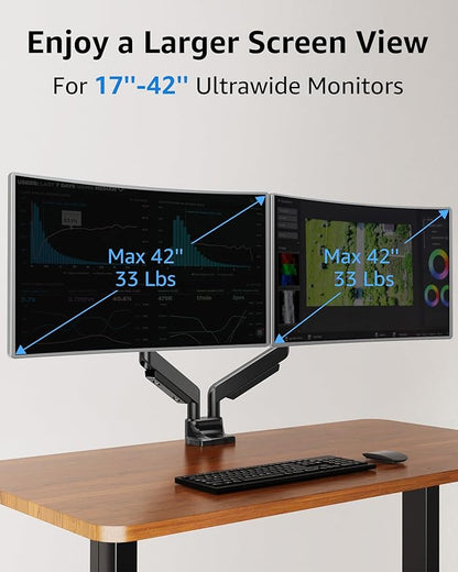 MOUNTUP Dual Monitor Mount fits 22''-42'' Ultrawide Screen, Holds 6.6-33lbs, Dual Monitor Arm Desk Mount, Heavy Duty Gas Spring Monitor Stand for 2 Monitors, Vesa Mount with Clamp/Grommet Base