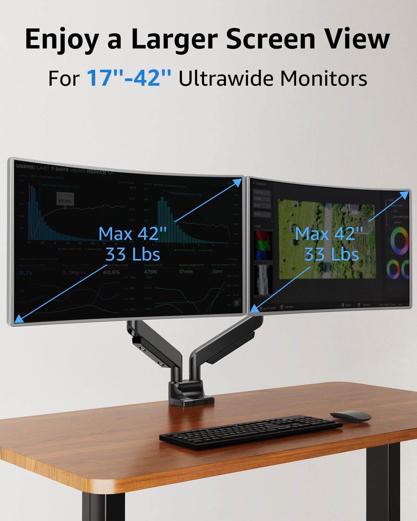 MOUNTUP Dual Monitor Mount fits 42 40 39 37 34 32 27 inch Ultrawide Screen, Holds 6.6-33lbs, Dual Monitor Arm Desk Mount, Heavy Duty Monitor Stand for 2 Monitors, with Clamp/Grommet Base