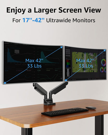 MOUNTUP Dual Monitor Mount fits 42 40 39 37 34 32 27 inch Ultrawide Screen, Holds 6.6-33lbs, Dual Monitor Arm Desk Mount, Heavy Duty Monitor Stand for 2 Monitors, with Clamp/Grommet Base