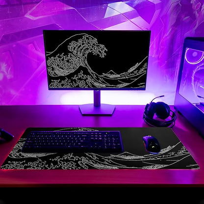 Japanese Sea Wave Large Mouse Pad Abstract Black Mouse Pad 31.5x11.8 Inch Black Kanagawa Texture Non-Slip Rubber Base Large Ocean Mousepad Stitched Edge Keyboard Mouse Mat Desk Pad for Office and Home