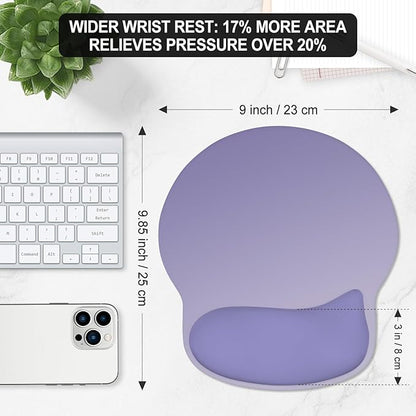 ITNRSIIET Ergonomic Mouse Pad with Wider Memory Foam Wrist Rest +17%, Curved Cushion Reduces Pressure 20%, Pain Relief, Non-Slip, Smooth, Cute Color Desk Accessory, 9.85 x 9 inch, Purple Gradient