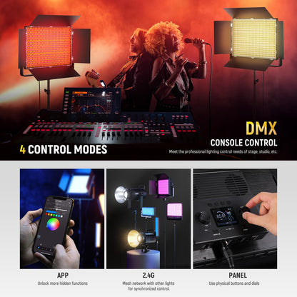 NEEWER 150W RGB LED Panel Video Light Kit with Barn Doors, 1800 LEDs 42500Lux/0.5m 2500K-10000K CRI96+/TLCI97+ 0-100% Dimming, APP/2.4G/Panel/DMX Control for Pro Studio Gaming Lighting, AP150C