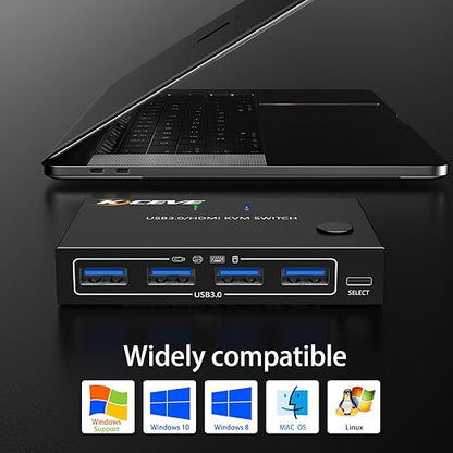 HDMI KVM Switch 1 Monitors 2 Computers 4K@60Hz, USB3.0 KVM Switches EDID Simulator 2 Ports for 2 PC Sharing Single Monitor and Keyboard Mouse with Wired Extend Controller and USB3.0 Cables