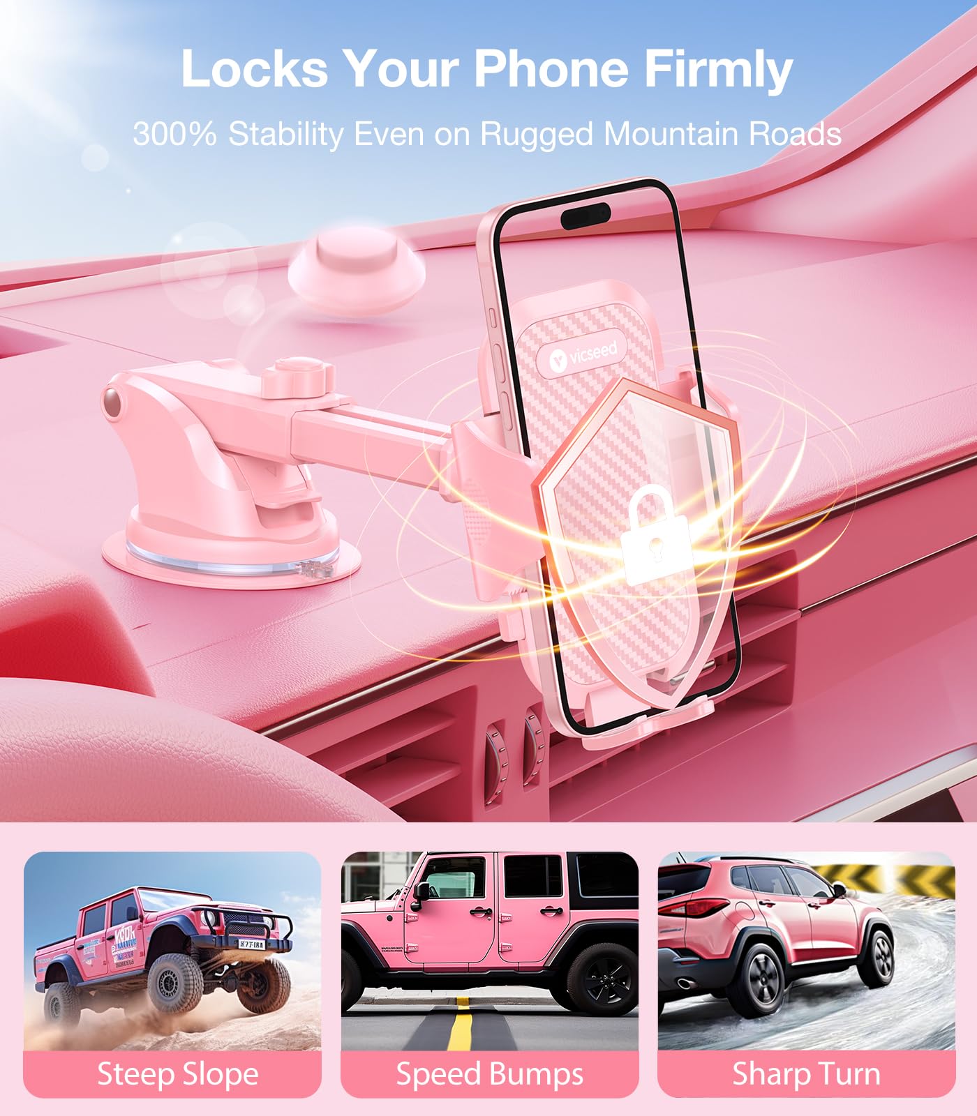 VICSEED [True Strongest Suction [Rally Racing-Grade Stability] Phone Holders for Your Car 2026 Upgraded Car Phone Holder Mount Truck Stand Cradle for iPhone Samsung All Phones, Pink
