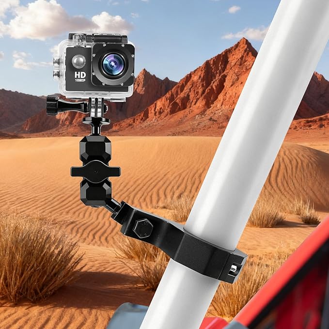 Jerbor Aluminum UTV ATV Camera Mount Holder 360° Compatible with 1.75"-2" Roll Bar and Tube, Fit for GoPro Hero,for Insta360 and Other Action Cameras