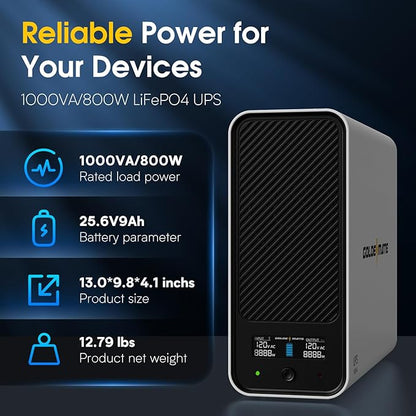 GOLDENMATE 1000VA/800W Lithium UPS Battery Backup and Surge Protector, Sinewave UPS System with LiFePO4 Battery(230.4 Wh), 2025 Upgraded Pro Ver. with Communication Port, 8 Outlets, LCD Display, White