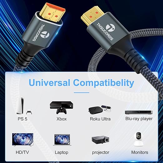 Thsucords 8K 4K HDMI Cable 1.6FT, High Speed Braided HDMI to HDMI 2.1 Cord Supports 8K@60Hz, 4K@120Hz 144Hz 48Gbps Compatible with Roku TV/PS5/HDTV/Blu-ray