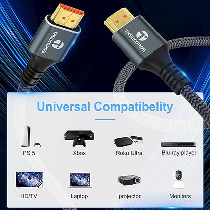 Thsucords 8K 4K HDMI Cable 1.6FT, High Speed Braided HDMI to HDMI 2.1 Cord Supports 8K@60Hz, 4K@120Hz 144Hz 48Gbps Compatible with Roku TV/PS5/HDTV/Blu-ray