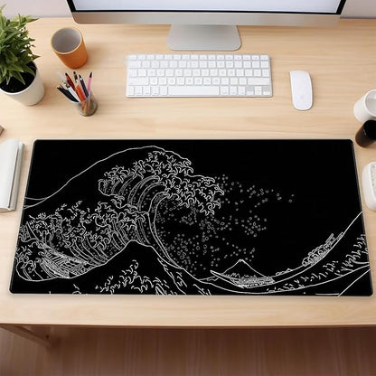 Japanese Great Wave Off Kanagawa Gaming Mouse Pad - XL Extended Ukiyo-e Art Desk Mat, Non-Slip Waterproof Rubber Base & Stitched Edges, 31.5 x 15.7 Inch Large Computer Mousepad