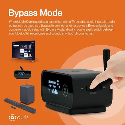 Auris Blume Duo HiFi Bluetooth 5.0 Music TV Transmitter & Receiver Long Range Wireless Adapter | Audiophile DAC, LDAC, aptX HD/LL, Display, Battery & Optical AUX Output Input for Stereo Amplifier Car