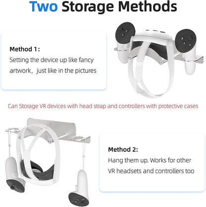 VR Wall Mount Aluminum Alloy,VR Headset Wall Mount Storage Stand Hook Compatible with Meta Quest 3/Quest Pro/Quest 2,Quest 3 Stand with 2 Storage Way,Desk Space Saving(Silver)