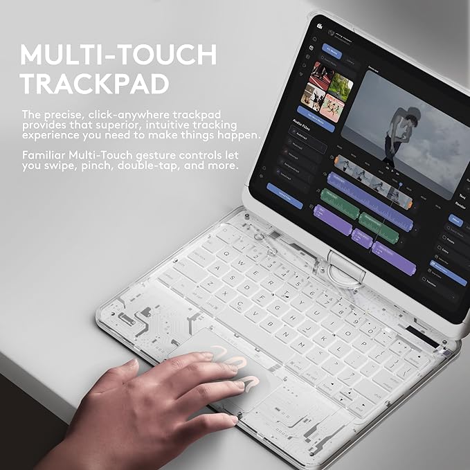 GUSGU Transparent Case with Wireless Keyboard only for 2024 iPad Pro 11-in.(M4), 7 Colors Backlight, Trackpad, 360°Rotating Stand for iPad Pro 11(5th Gen), Tech Style