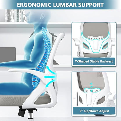 Home Desk Chair with Back Supportive Lumbar Support, Breathable Double Mesh Cushion Home Desk Office Chair with Flip up Arms, Modern Ergonomic Home Office Chair for Work(Gray)