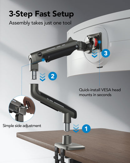 HUANUO TitanLift Heavy Duty Monitor Arm for Screens up to 49", Holds 44 lbs, Aluminum Ultrawide Screen Monitor Mount, Fully Adjustable Single Gaming Desk Mount with Dual C-Clamp, Max VESA 100x100mm
