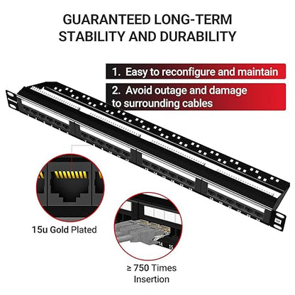 AMPCOM Premium Series CAT5/5e 24 Ports Patch Panel, Rack Mount - 1U, 19 inch, RJ45 Ethernet 568A 568B, 15u Gold Plated, with Rear Cable Support Bar