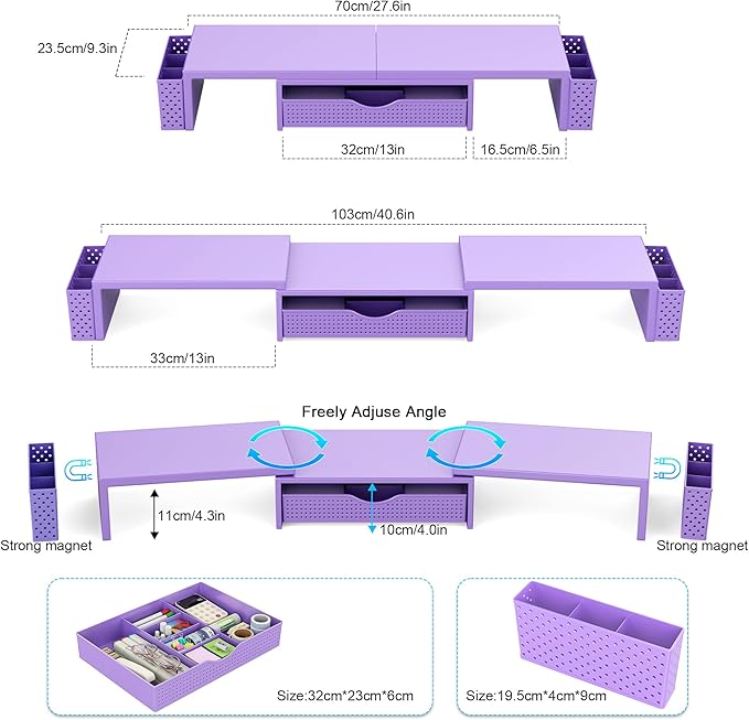 Spacrea Metal Desk Organizers and Accessories, Dual Monitor Stand Riser with Drawer and 2 Pen Holders, Desk Accessories & Workspace Desktop Organizers for Office Supplies (Purple)