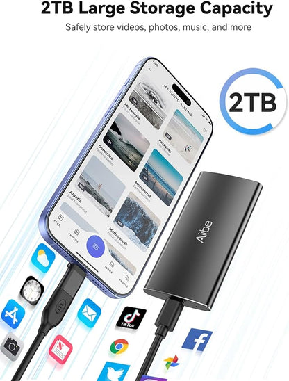 Aiibe 2TB External Solid State Drive USB C Portable SSD USB 3.2 Gen 2, Up to 1050MB/s, 2TB External SSD External Hard Drive for iPhone 15/Pro, Laptop, Mac and PS4 (Black)