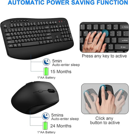 Wireless Keyboard and Mouse Combo, EDJO 2.4G Full-Sized Ergonomic Computer Keyboard with Wrist Rest and 3 Level DPI Adjustable Wireless Mouse for Windows, Mac OS Desktop/Laptop/PC（Classic Black）