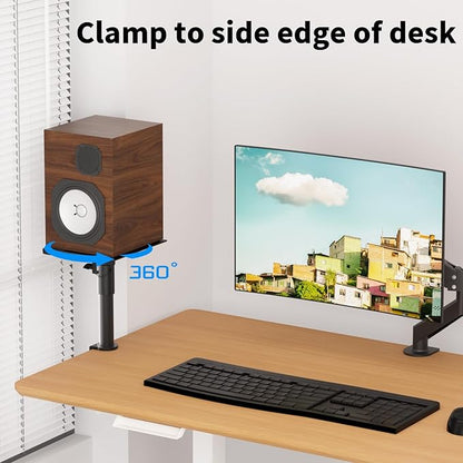 suptek Clamp-on Speaker Stand Desk Mount Set, Height Adjustment, Swivel, 9.6 x 8.8 inch Trays, Universal Audio Holders for Computer and Bookshelf Speakers, Elevated Sound, 2 Pack, Black, SDM001G