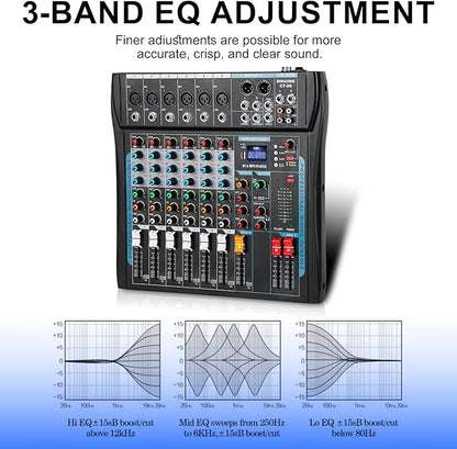 Audio Mixer,6 Channel Board Mixer for Streaming, Professional Sounds Board Mixer with 16 DSP Effect, USB Audio Interface and 48V Phantom Power, Stereo DJ Mixers for PC Recording/DJ stage