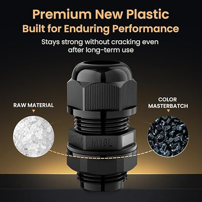 QILIPSU 50pcs M16L Long Thread Cable Gland Waterproof IP68 Nylon Strain Relief Cord Grip Cable Pass Through Wire Connector