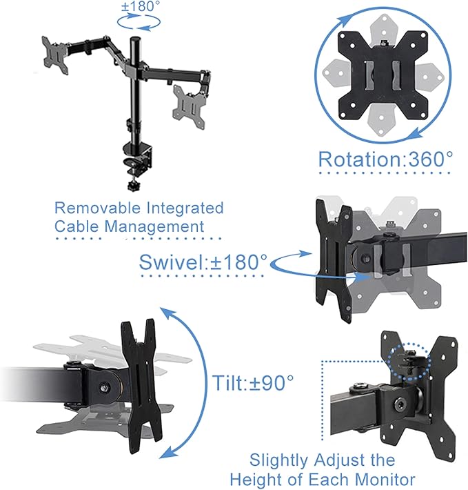 Rocelco 46" Height Adjustable Standing Desk Converter with AC USB Charger and Double Monitor Mount Arm - Sit Stand Up Triple Screen Riser Workstation - Keyboard Tray - Black (R DADRB-46-ACUSB-DM2)