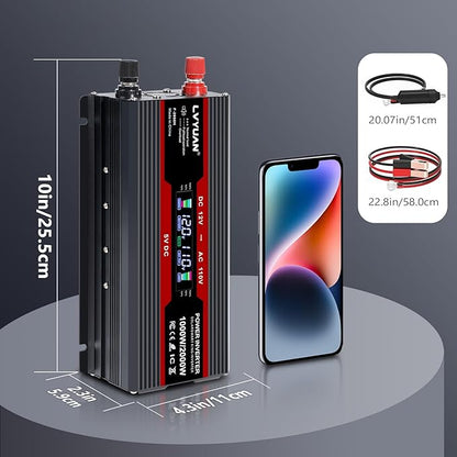 LVYUAN 1000W Car Power Inverter 12V to 110V DC to AC with 2 US Sockets, Cigarette Lighter, LCD Display, USB Ports for Car, Home,Outdoor, Camping