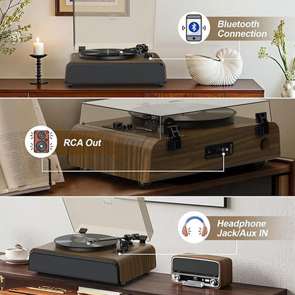 Record Player High-Fidelity Turntable with 2.1 Channel Sound System Built-in Subwoofer for Enhanced Bass, Vinyl Record Player with Magnetic Cartridge BT5.3 Playback RCA Out Aux in Belt-Drive 33/45RPM