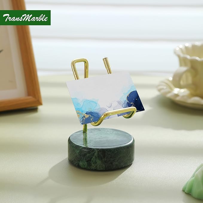 Marble Phone Stand with Metal Holder, Charging Available While Using, Swipe Up to Unlock, Made of Natural Marble as Business Card Holder for Office Desk (Emerald Green + Gold)