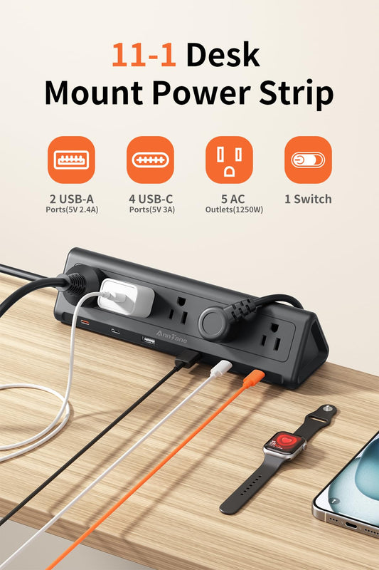 AnnTane Desk Clamp Power Strip USBC, 40W Fast Charging, 6.5 Ft, Black