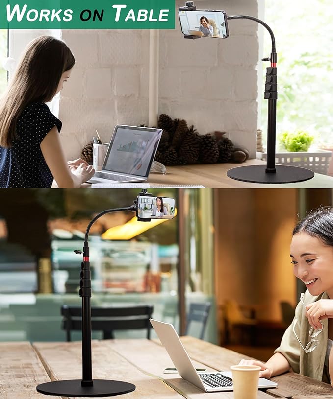 Phone Overhead Stand, Gooseneck Phone Floor Stand, Tall Video Cell Phone Mount with Height Adjustable Stand, Heavy Base, 360 Head, Works with iPhone 16, 16 Pro Max, 16 Plus, 15, 14, 13
